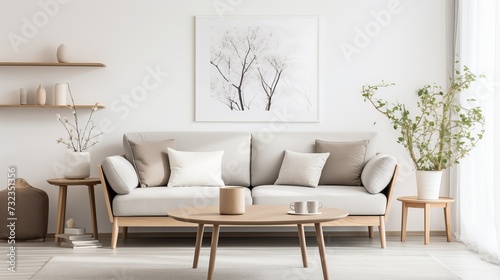 Interior of modern room with comfortable sofa and table with spring flowers © Tahir