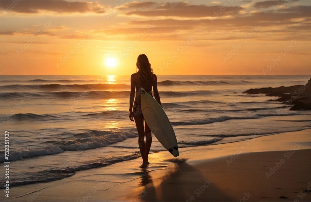 A girl at sunset near the ocean, in her hands a surfboard, silhouette figures, rays of the setting sun