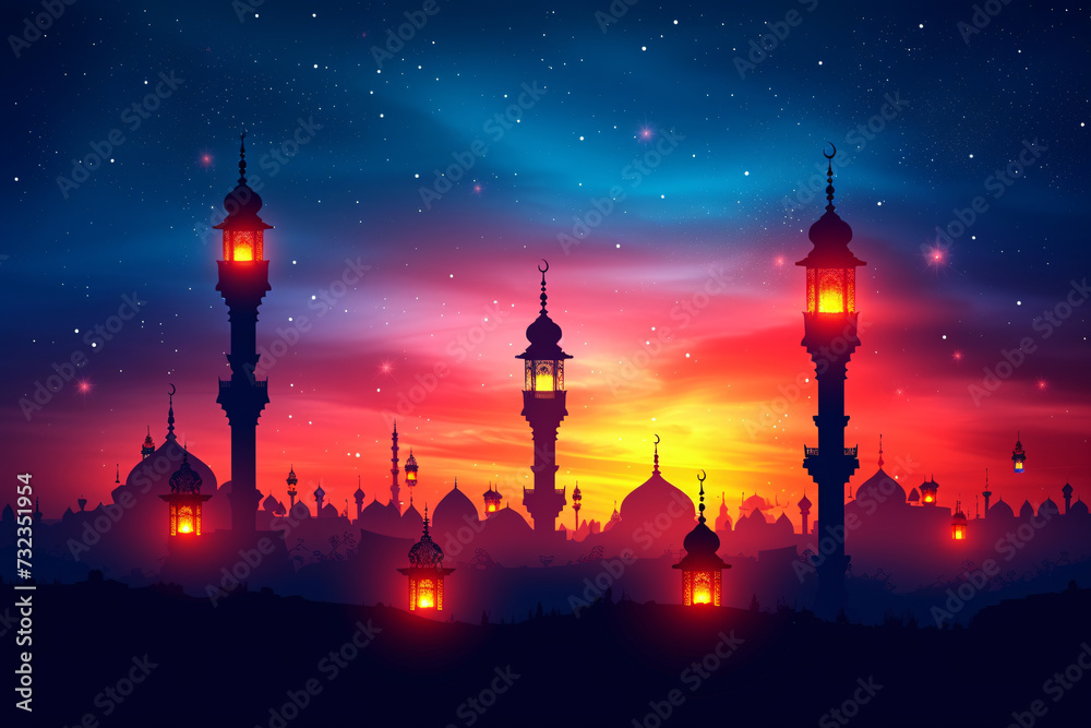 Naklejka premium Ramadan Kareem greeting card banner poster design with moon and Mosque minar 