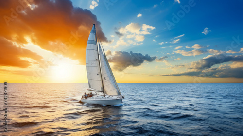 Beautiful seascape of a yacht gliding through the sea returning after a boat trip, advertising of sea cruises on yachts in the Mediterranean Sea, copy space for concept