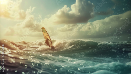 Windsurfer during competition on the open sea during a storm, beauty of nature and surfing competition poster photo