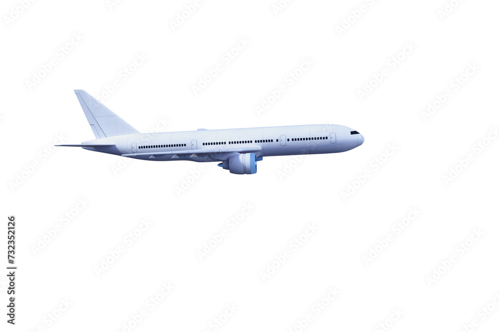 Side view of a white commercial jet airplane on clear background. Travel concept. 3D Rendering