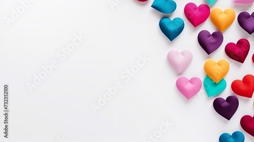 Multi-colored hearts on a white background. Top view, copy space