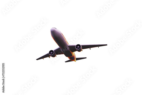 Commercial airplane flying at sunset, vibrant colors and dynamic. Travel concept. 3D Rendering