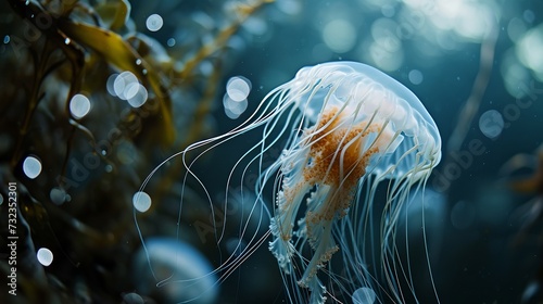 Ethereal Marine Life: Luminous Jellyfish with Long Tentacles in a Mysterious Underwater World photo