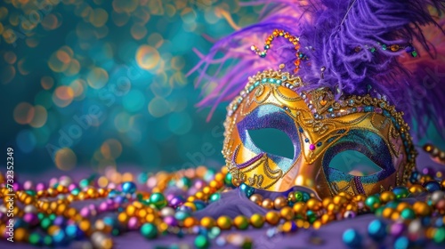 Venetian mask with purple feathers and Mardi Gras beads. © Julia Jones