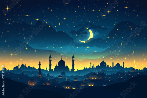 Ramadan Kareem greeting card banner poster design with moon and Mosque minar