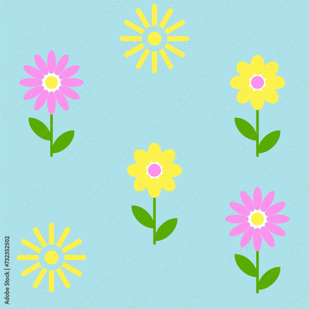 Cute cartoon flowers and the sun on a blue background. Simple childish pattern, flat style. Seamless pattern, isolated. Background for paper, cover, fabric, textile, dishes, interior decor.