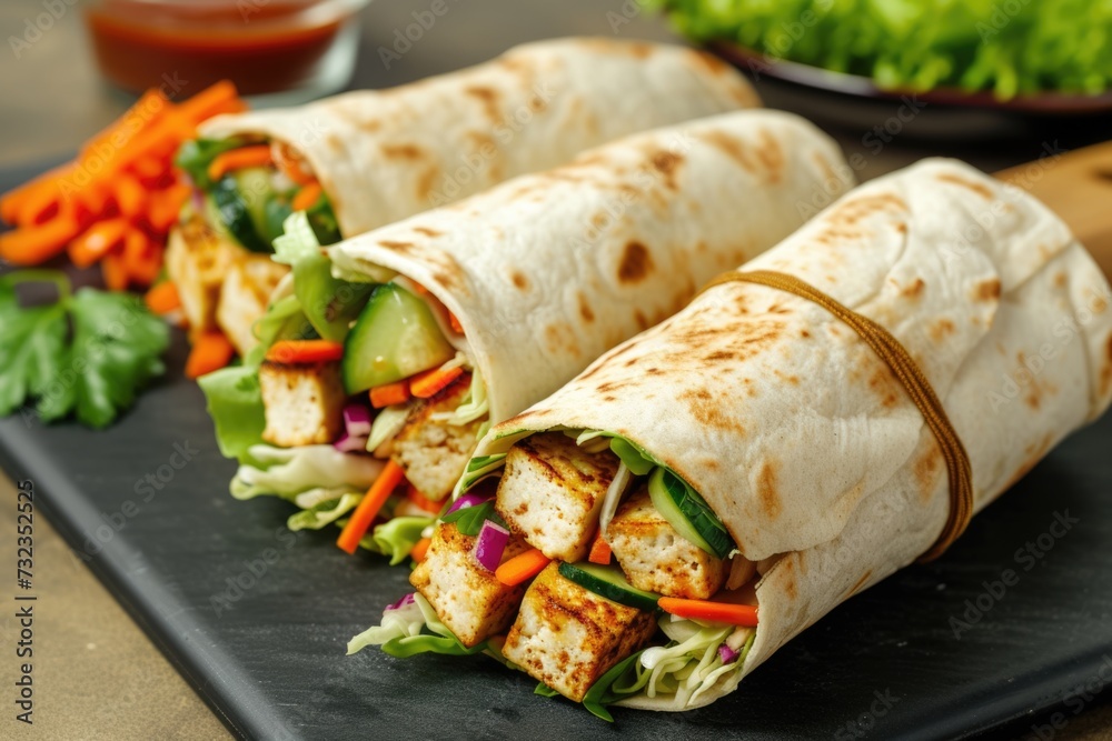 Vegetable tofu wraps on a black slate plate. Healthy vegan food concept. Vegetable tofu wraps on a black slate plate. Healthy vegan food concept.