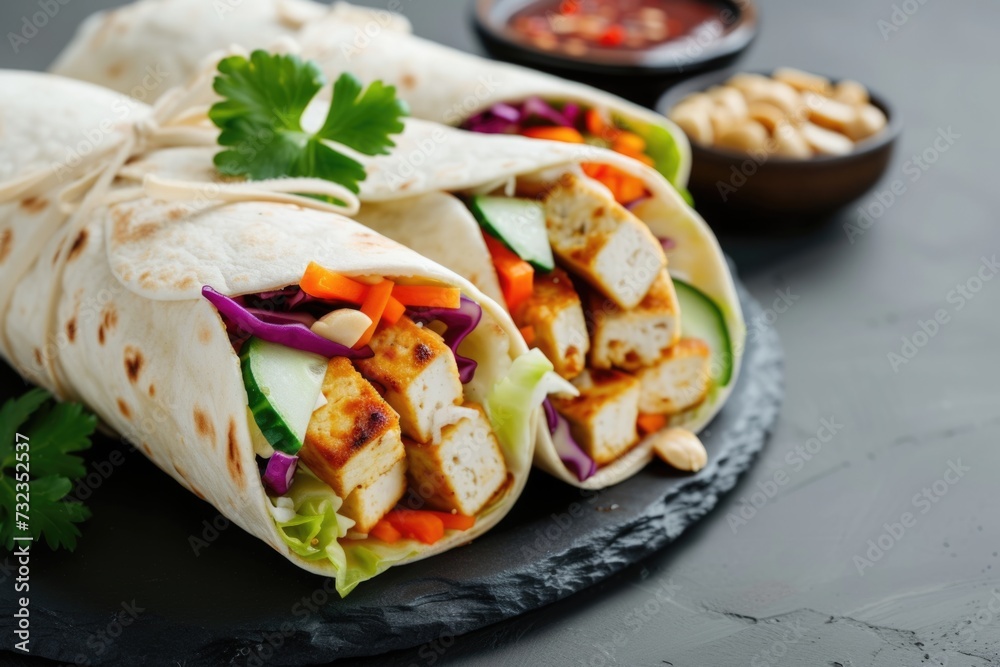 Chicken tofu vegetable wraps on a slate plate. Healthy fast food concept Chicken tofu vegetable wraps on a slate plate. Healthy fast food concept