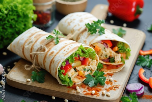 Chicken and vegetable wraps on a wooden board. Healthy food concept.