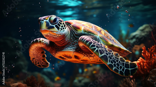 turtle swimming in the deep sea
