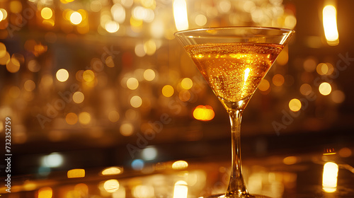 A close-up photograph of an elegant martini cocktail, shimmering with golden hues, in a classic martini glass