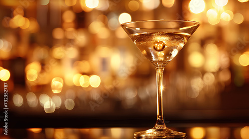 A close-up photograph of an elegant martini cocktail, shimmering with golden hues, in a classic martini glass