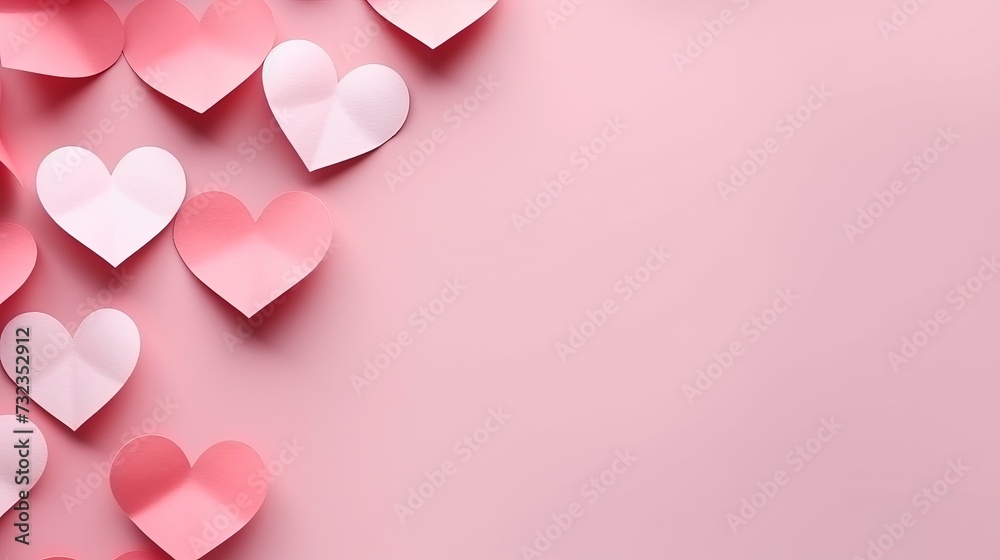 Paper craft hearts on pink background. Valentine background with many volume red hearts