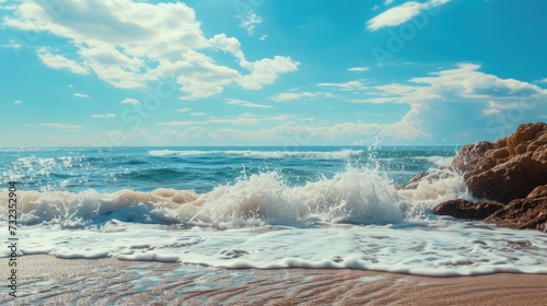 Sunny Beach Scenery with Waves Crashing on Rocks