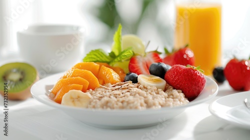 Inviting Breakfast Setup with Oatmeal  Fresh Fruit