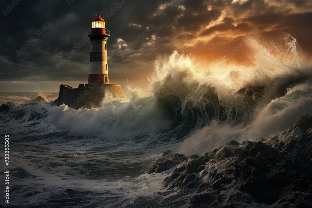 Relentless Sea storm lighthouse. Ocean wave. Generate Ai