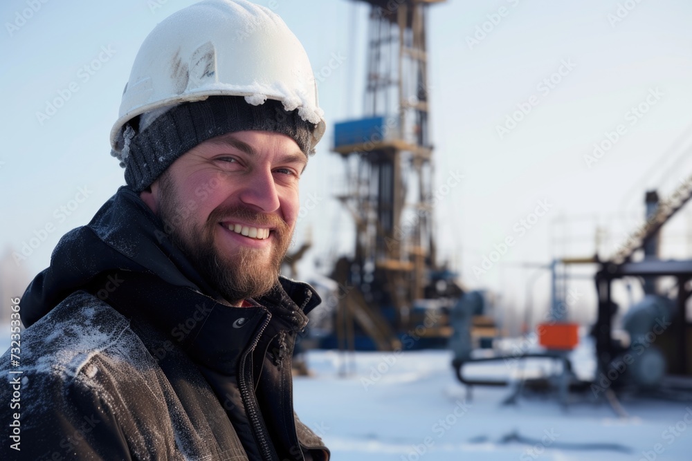 Smiling man with safety helmet in industrial oil rig background.