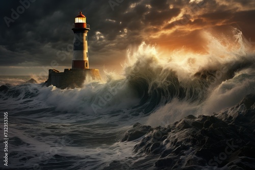 Relentless Sea storm lighthouse. Ocean wave. Generate Ai