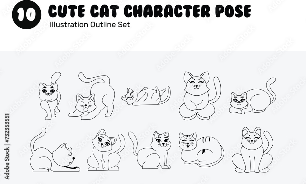 Cute Cat Character Pose Outline Illustration	