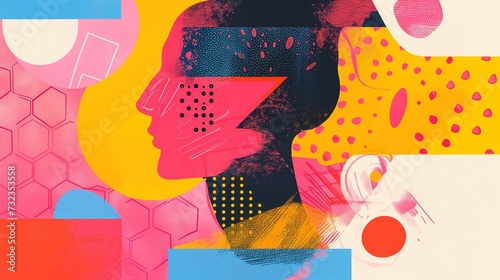 Concept of decision making, featuring a stylized silhouette of a human head seamlessly blended with vibrant, colorful shapes and pathways, symbolizing the complex process of thought and choice. photo