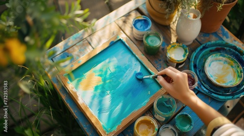 Hands of an artist painting a blue abstract artwork on a canvas