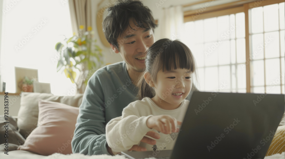 Young asian girl study home. Child look laptop screen. Happy kid watch fun video computer, playing game or learning online. Distance Internet education concept. Virtual class. Father teach daughter. Young asian girl study home. Child look laptop screen. Happy kid watch fun video computer, playing game or learning online. Distance Internet education concept. Virtual class. Father teach daughter.
