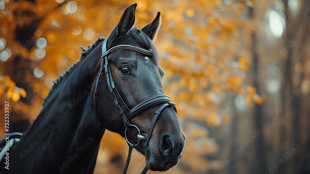 Obraz premium A majestic black horse against a backdrop of autumn leaves, capturing the beauty of equestrian life and the change of seasons, suitable for text overlay.