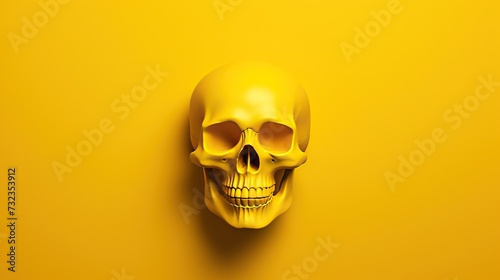 A striking golden skull on a vibrant yellow background, evoking themes of danger, mystery, and mortality, with a clean design offering text space.