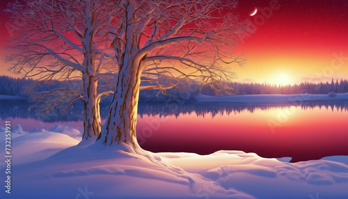 Sunset Solitude by the Snowy Lakeside
