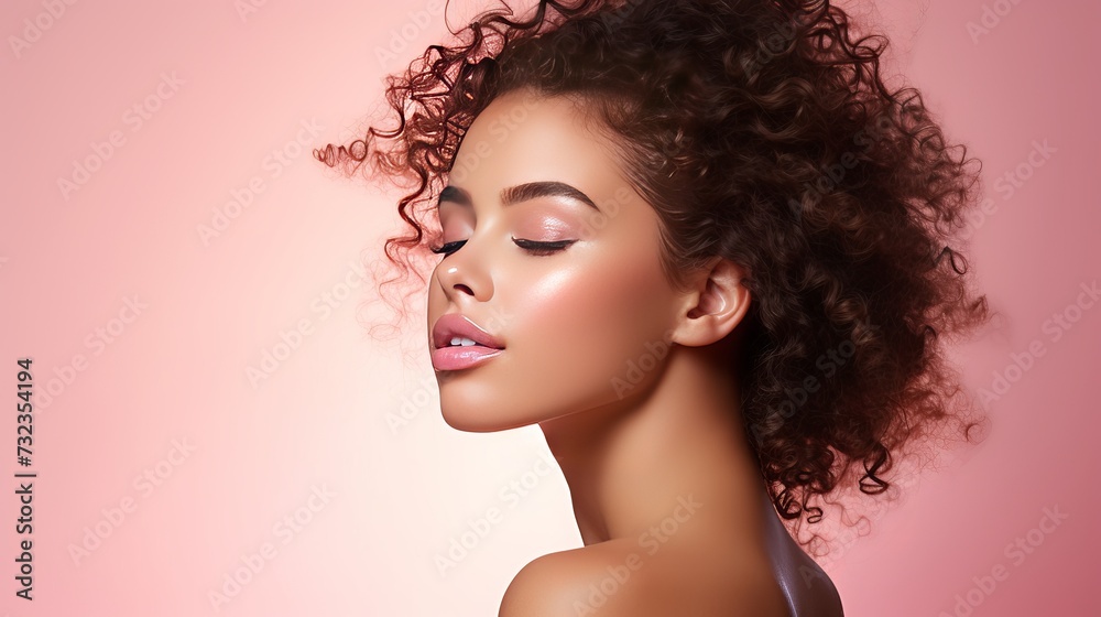 Skin care. Woman with beauty face and healthy facial skin portrait. Beautiful curly girl model with natural makeup touching glowing hydrated skin on pink background closeup. High quality image