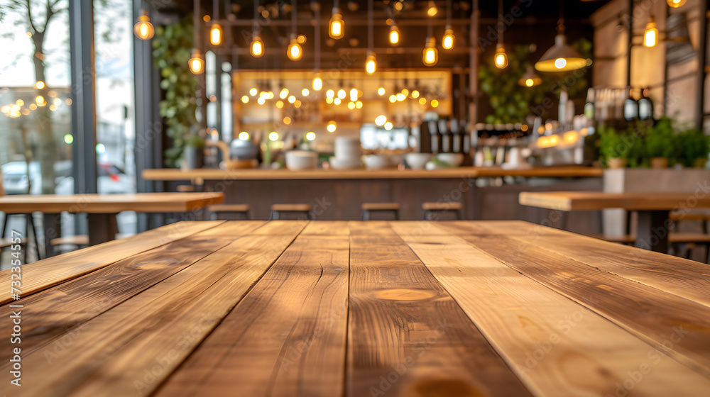 Wooden board empty table in front of blurred background. Perspective brown wood over blur in coffee shop - can be used for display or montage your products. Mock up for display of product.
