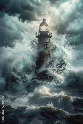 Lighthouse Standing Tall Amidst Stormy Seas. Generative AI.