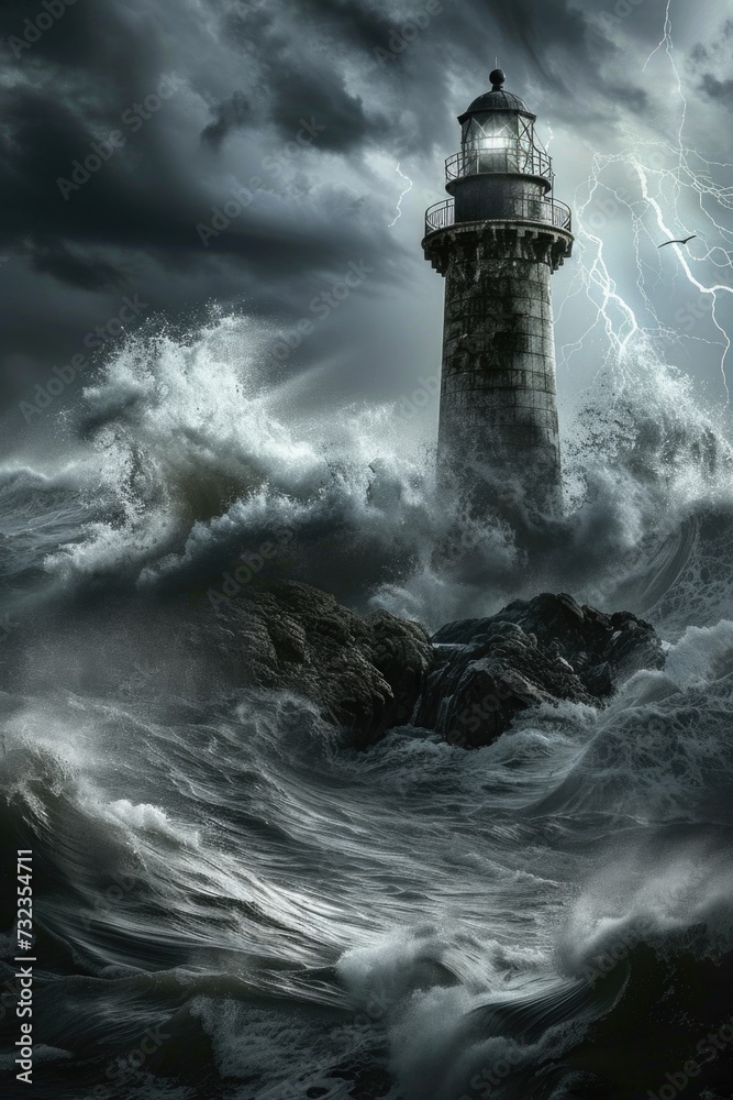 Lighthouse Battling Stormy Seas. Generative AI.