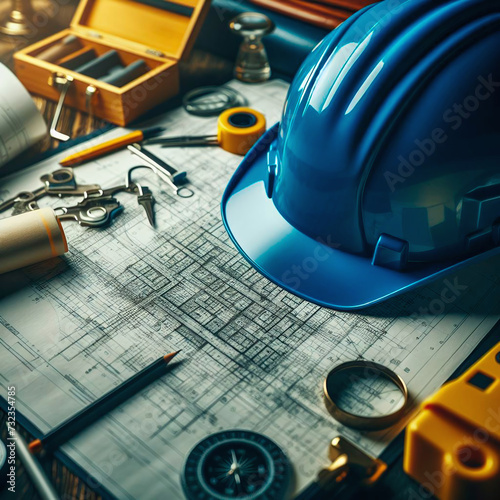 Architectural background with blue helmet, blueprints, tools and instruments