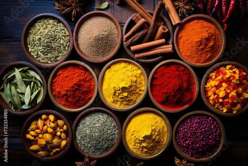 A bird s-eye view of a spice market exhibiting an array of fragrant spices in bright displays.