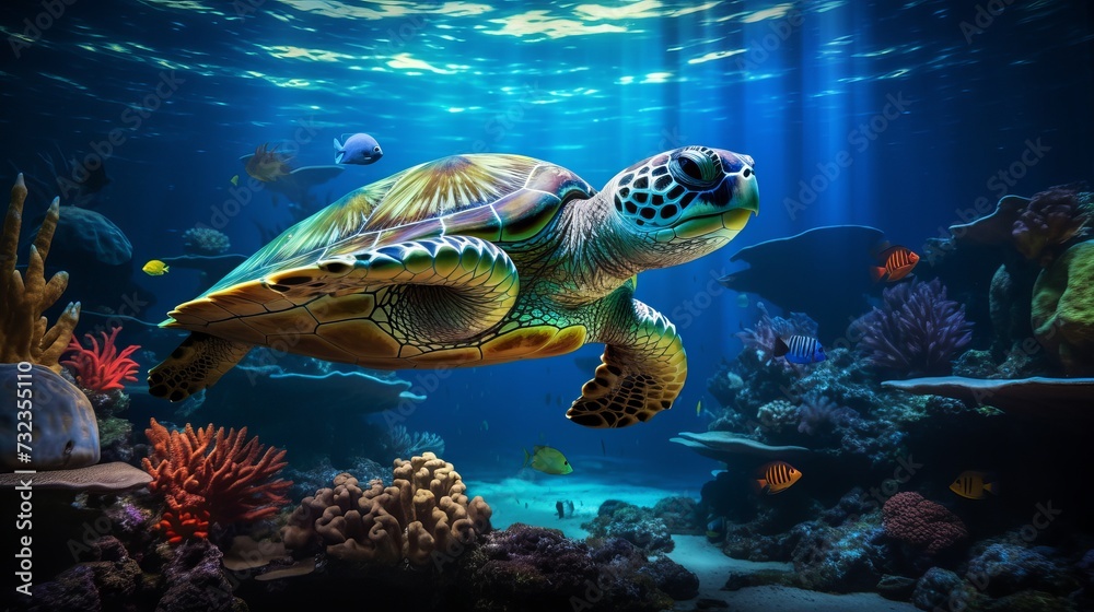 Fototapeta premium Underwater world. Images for 3D floors.Ramp. Shark. Turtle