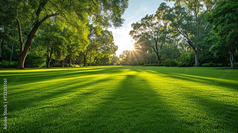 Lush natural backdrop of verdant grass and lovely foliage in the gentle sunlight of Horsham Botanic Gardens, VIC Australia, with room for text. - obrazy, fototapety, plakaty 