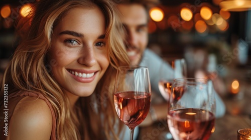 Lovely pair on a romantic outing at a bistro, sipping blush vino.