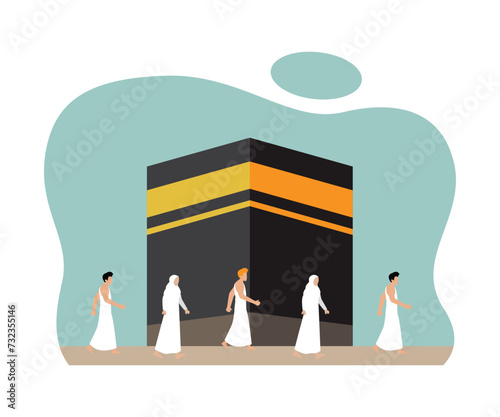 Muslim people doing Islamic hajj pilgrimage to Kabah flat 2d vector illustration