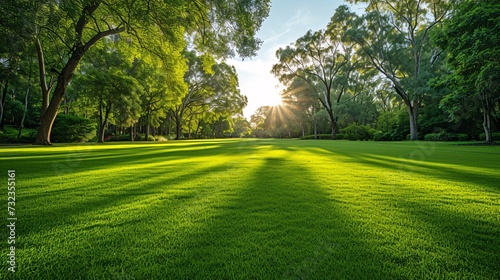 Lush natural backdrop of verdant grass and lovely foliage in the gentle sunlight of Horsham Botanic Gardens, VIC Australia, with room for text. photo