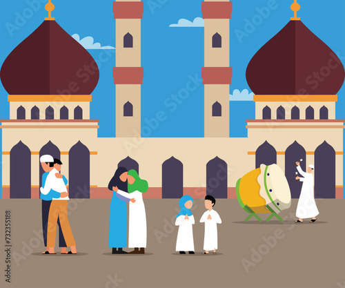 Family congratulating each other and celebrating eid mubarak in a mosque flat 2d vector illustration