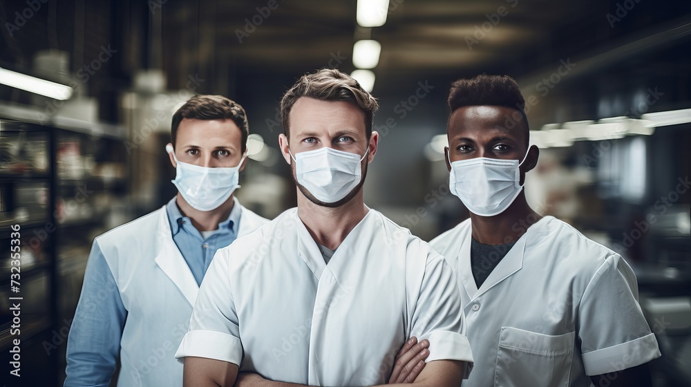 Waist up portrait of three factory workers wearing lab coats and masks looking at camera in workshop Waist up portrait of three factory workers wearing lab coats and masks looking at camera in workshop