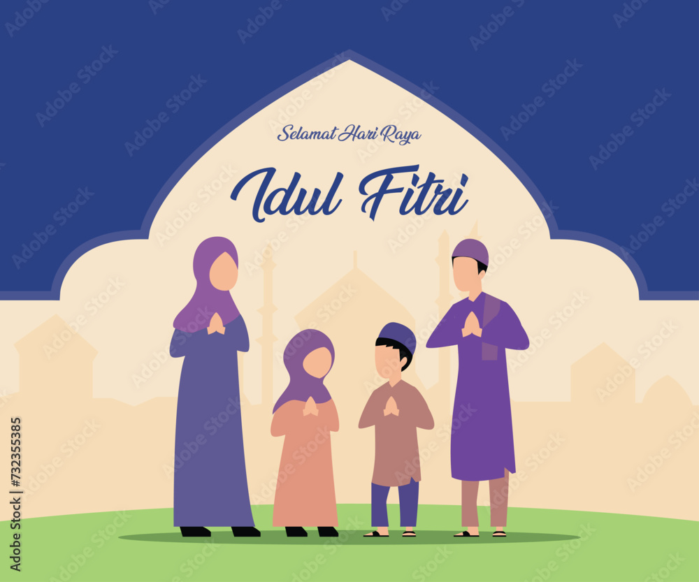 Happy muslim family celebrating eid mubarak flat 2d vector illustration Happy muslim family celebrating eid mubarak flat 2d vector illustration