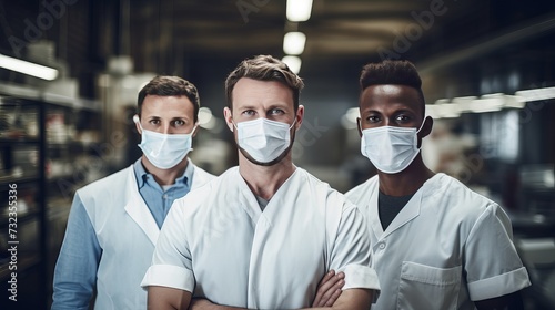 Waist up portrait of three factory workers wearing lab coats and masks looking at camera in workshop