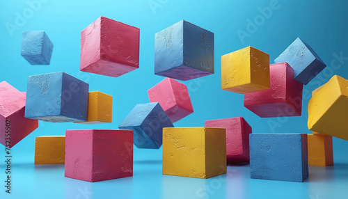 Suspended colorful cubes in a dynamic arrangement against a serene blue backdrop. Floating Geometric Shapes