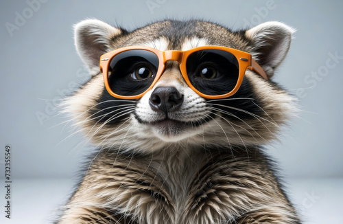 Funny adorable cute raccoon wearing sunglasses studio portrait on isolated background.    © AkosHorvathWorks