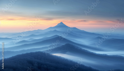 Sunrise Over Misty Mountains. Pastel sunrise illuminates the mist-covered mountain layers in a tranquil landscape. © Vagengeim