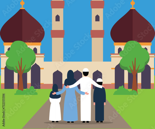 Rear view of a muslim family facing the mosque flat 2d vector illustration